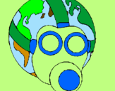 Disegno Terra con maschera anti-gas  pitturato su niccolo