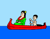 Disegno Madre e figlio in canoa  pitturato su   salvo piet ro  