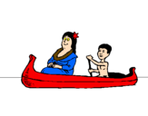Disegno Madre e figlio in canoa  pitturato su francesco