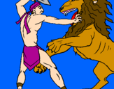 Disegno Gladiatore contro un leone pitturato su martina