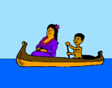 Disegno Madre e figlio in canoa  pitturato su giorgia