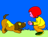 Disegno Bambina che gioca con il cagnolino  pitturato su asia