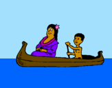 Disegno Madre e figlio in canoa  pitturato su daiana