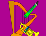Disegno Arpa, flauto e tromba  pitturato su strumenti di gio