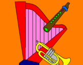 Disegno Arpa, flauto e tromba  pitturato su nicola