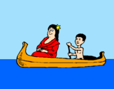 Disegno Madre e figlio in canoa  pitturato su giorgio