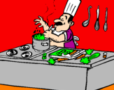Disegno Cuoco in cucina  pitturato su QUETO CIBO FA SCHIFO 