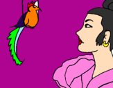 Disegno Donna con un uccello  pitturato su fatina   007