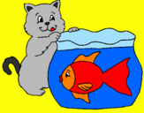 Disegno Gatto e pesce  pitturato su ISIDE