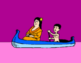 Disegno Madre e figlio in canoa  pitturato su Piccola Pe