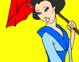 Disegno Geisha con parasole pitturato su Giugi