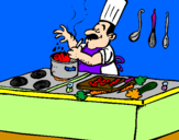 Disegno Cuoco in cucina  pitturato su CHEF DANILO