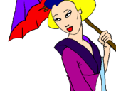 Disegno Geisha con parasole pitturato su LA RAGAZZA INNAMORATA