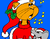 Disegno Gatto e topolino di Natale pitturato su arianna