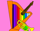 Disegno Arpa, flauto e tromba  pitturato su marta
