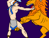 Disegno Gladiatore contro un leone pitturato su paola