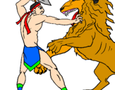 Disegno Gladiatore contro un leone pitturato su gattino mi9ci