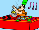 Disegno Cuoco in cucina  pitturato su kijdvjkfkj