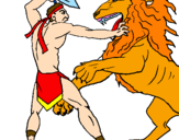 Disegno Gladiatore contro un leone pitturato su bruno