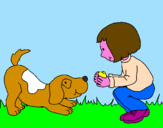 Disegno Bambina che gioca con il cagnolino  pitturato su AGATA