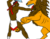 Disegno Gladiatore contro un leone pitturato su bruno