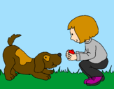 Disegno Bambina che gioca con il cagnolino  pitturato su bau e margot