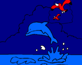 Disegno Delfino e gabbiano  pitturato su fdeeerrriic o 