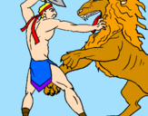 Disegno Gladiatore contro un leone pitturato su sara