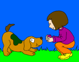 Disegno Bambina che gioca con il cagnolino  pitturato su sofia