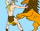 Disegno Gladiatore contro un leone pitturato su bea e manu