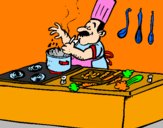 Disegno Cuoco in cucina  pitturato su rana