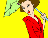Disegno Geisha con parasole pitturato su amelia
