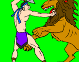 Disegno Gladiatore contro un leone pitturato su ilaria