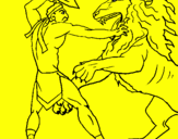 Disegno Gladiatore contro un leone pitturato su Dado