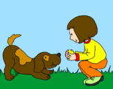 Disegno Bambina che gioca con il cagnolino  pitturato su sofia
