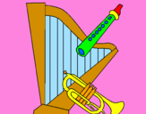 Disegno Arpa, flauto e tromba  pitturato su gioele