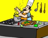 Disegno Cuoco in cucina  pitturato su susanna