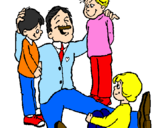 Disegno Papà con i suoi 3 figli  pitturato su Nicola