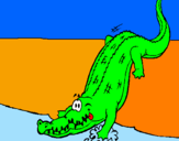 Disegno Alligatore che entra nell'acqua  pitturato su dinisauro 1