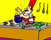 Disegno Cuoco in cucina  pitturato su MATTEO
