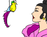 Disegno Donna con un uccello  pitturato su giulia