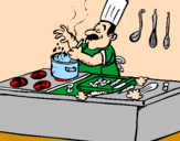 Disegno Cuoco in cucina  pitturato su vaneza 