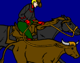 Disegno Cowboy e mucca  pitturato su bernardo
