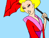 Disegno Geisha con parasole pitturato su giulia