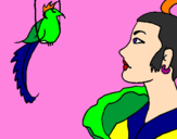 Disegno Donna con un uccello  pitturato su giovanna