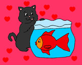 Disegno Gatto e pesce  pitturato su veronica
