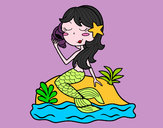 Disegno Sirena seduta su una roccia con una conchiglia pitturato su Cimisin