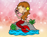 Disegno Sirena seduta su una roccia con una conchiglia pitturato su Carly