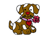 Disegno Puppy con un fiore in bocca pitturato su manucipo