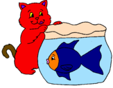 Disegno Gatto e pesce  pitturato su GATTO ROSSO